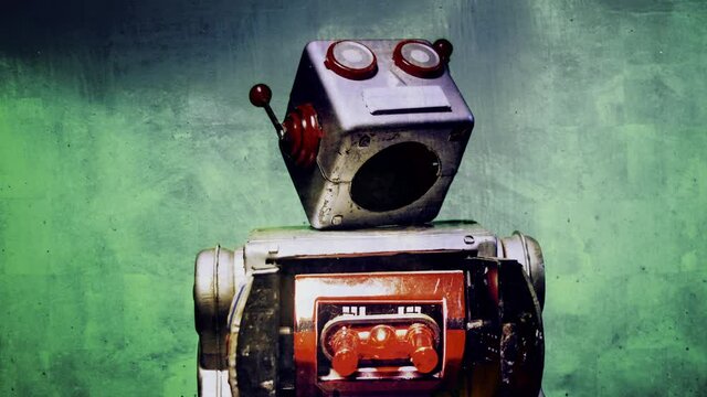 retro robot looking around grudge green 