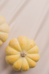 Pumpkins on a silk beige silk fabric. Copy space
