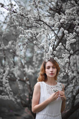 beautiful girl in a white dress walks in the garden, sakura blooming, spring bloom