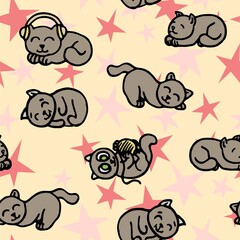 Cheerful funny cat. Seamless illustration. Cartoon sketch style. Hand outline drawing Kitty animal. vector