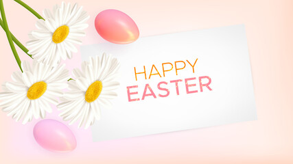 Easter composition with realistic Easter eggs and daisies on pink background. Easter background of spring flowers with paper card and inscription Happy Easter. Vector illustration