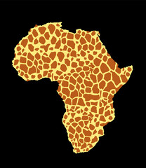Giraffe skin pattern over map of Africa vector silhouette illustration isolated on black background.  Fashion animal print.
