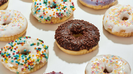 Yummy sweet food. Close up of delicious assorted round glazed donuts with colorful sprinkles and...