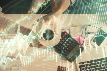 Double exposure of man and woman working together and financial chart hologram drawing. market analysis concept. Computer background. Top View.