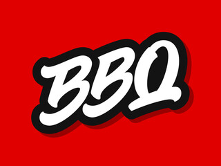 Vector illustration of BBQ logo with hand sketched lettering isolated on red background. Design concept, template, element