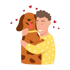 Happy pet owners. A young man hugs a dog. Happiness, joy, heart. Cute flat vector illustration.