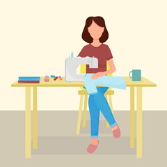 A woman sews on a sewing machine. The needlewoman sews up the shirt. Young girl is engaged in needlework. Hobby. A dressmaker works in the atelier. Vector.