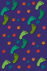 seamless pattern with pet and person footprint, heart and purple background in vertical