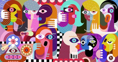 Gardinen Große Gruppe von Menschen. Grafische Illustration der modernen Kunst. Leute, die miteinander reden. Digitale Zeichnung. ©  danjazzia
