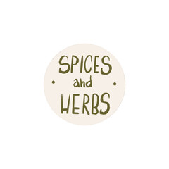 Hand lettering Mediterranean cuisine herbs and spices isolate on white background. Colored pencil sketch art. Print for menus, recipes, cuisine, textiles, sticker, postcard, tattoo, book