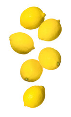 Fresh ripe lemons falling on white background