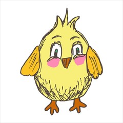 Cute cartoon vector chick. Small yellow grunge bird isolated on white background
