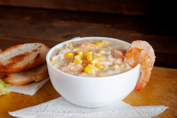 Homemade clam chowder with shrimp, top view.