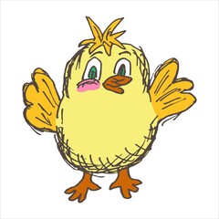 Cheerful funny affable chicken raised his wings up. Vector grunge cartoon clipart isolated on white background