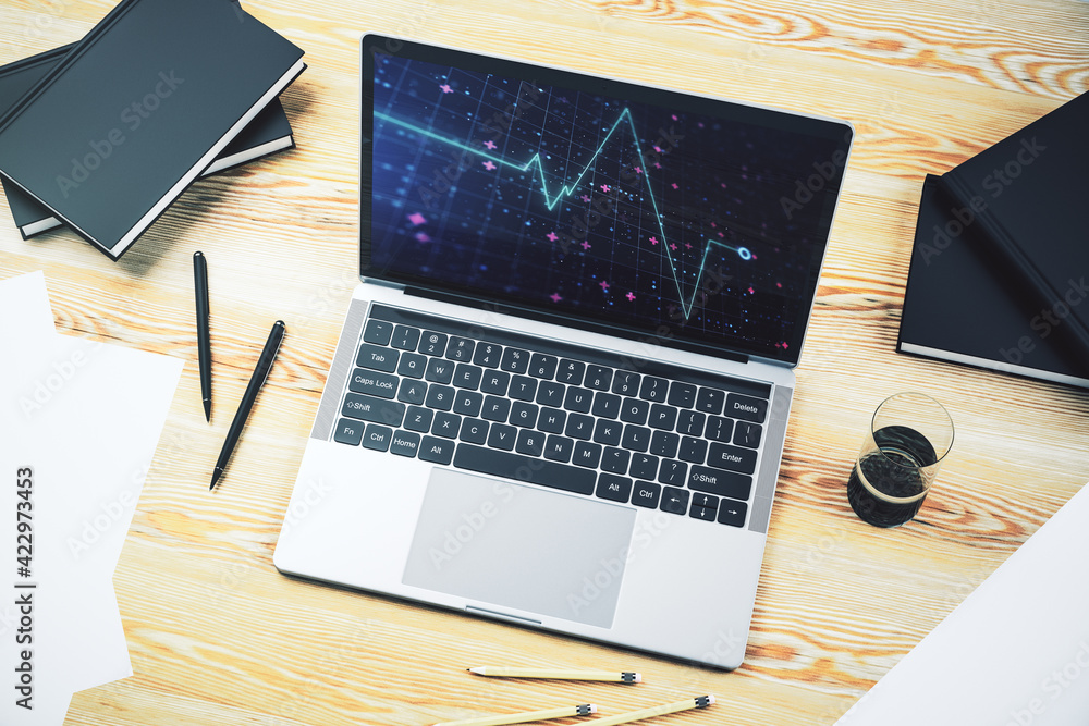 Poster modern computer monitor with creative abstract heart rate hologram. healthcare technolody concept. 3
