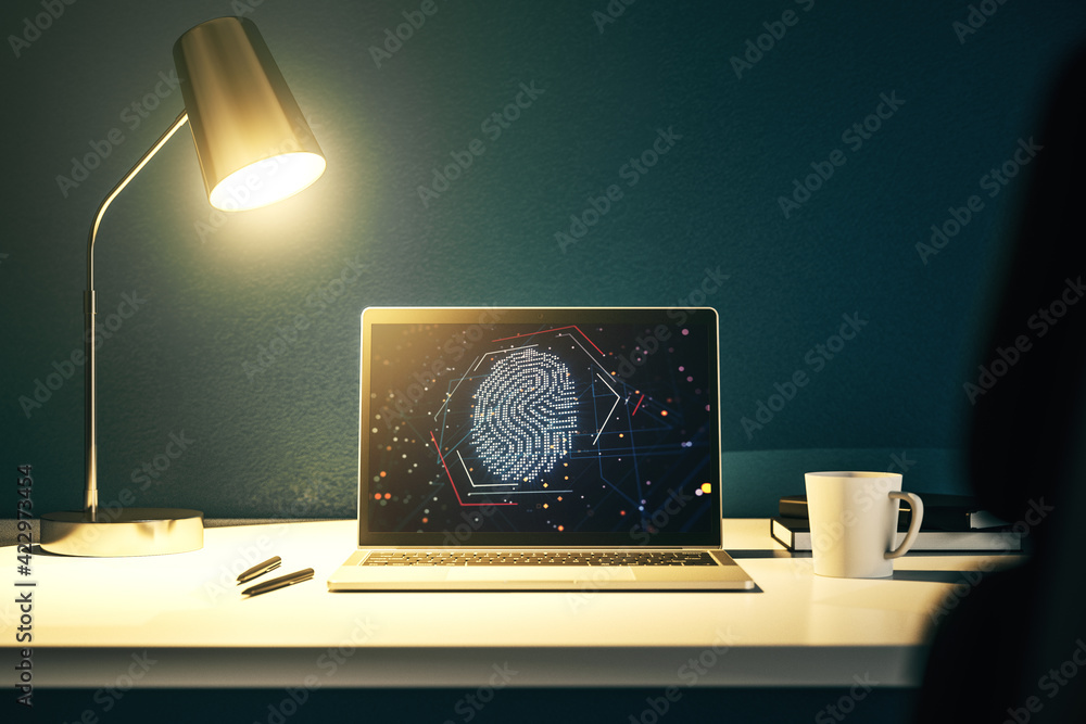 Poster Modern computer display with abstract graphic fingerprint sketch, fingerprint scan data concept. 3D Rendering