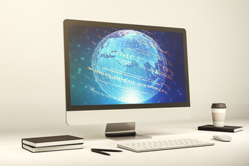 Modern computer monitor with abstract programming language with world map, research and development concept. 3D Rendering