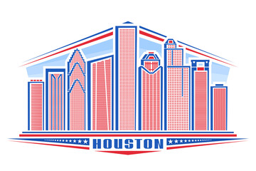 Vector illustration of Houston, horizontal poster with outline design houston city scape on day background, urban line art concept with unique lettering for word houston and decorative stars in a row.