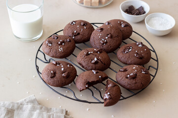 Chocolate cookies with salt and pieces of chocolate. Homemade pastries. Recipe. Vegetarian food.