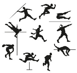 DECATHLON vector illustration, silhouette, clip art, cartoon. Sport, Athlete, sportsman, marathon silhouette, black and white.