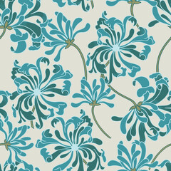 Blue Chrysanthemum Flowers Vector Seamless Pattern