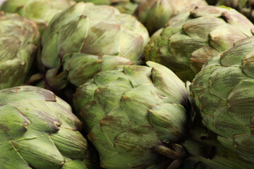 Obraz premium Many fresh raw artichokes as background, closeup