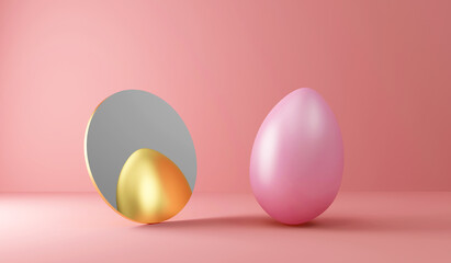 Painted Easter Egg reflected in the mirror as an Golden Egg on pink studio background