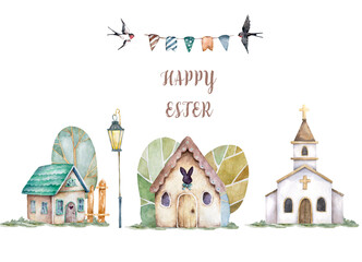 Easter landcity Church, bunny house Hand drawn watercolor isolated illustration for easter, wedding, greeting card - 422976605