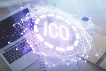 Double exposure of woman hands typing on computer and crypto market theme hologram drawing. Blockchain concept.