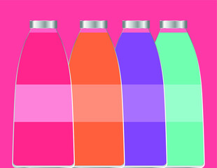vector set of bottles with juice. flat image of bottles with different flavors of nectar on pink background