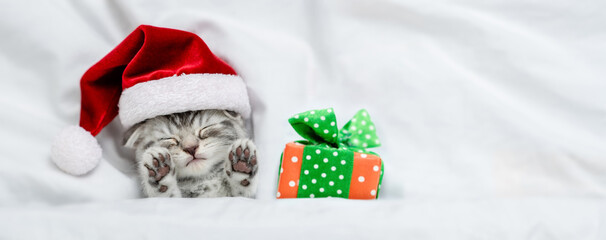Funny kitten wearing red santa's hat sleeps with gift box under a white blanket on a bed. Top down view. Empty space for text