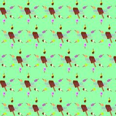 Bright pattern with ice cream and lettering on a turquoise background