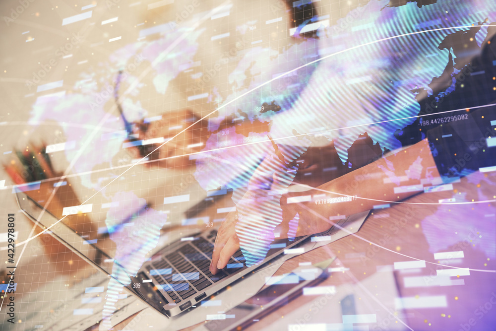 Poster double exposure of woman hands working on computer and data theme hologram drawing. tech concept.
