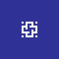 code wheel logo, this concept is made from the shape of a pinwheel and qr code, square monogram icon.