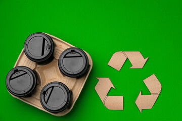 Recycle takeout coffee cups and trays ecological concept