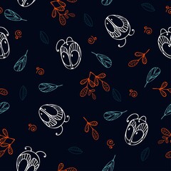 Seamless vector pattern with heads of fictional ants, leaves, branches on a dark background. Hand-drawn contour natural pattern for textiles, wrapping paper, blouses, sweatshirts.