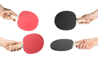 Closeup view of women with ping pong rackets on white background, collage