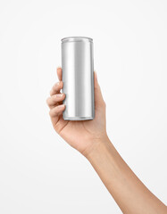 Woman hand holding glossy blank label soda packaging can on isolated background