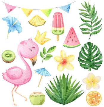 Watercolor flamingo and tropical leaves summer clip art