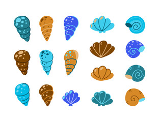 Seashell, cartoon icons set. Children's hand drawn illustration of different ocean shells for kids design. Color flat isolated vector elements on white background