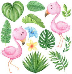 Watercolor flamingo and tropical leaves clip art © ekkoss