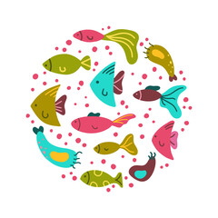 Cartoon fish, round illustration for poster, print, banner, card. Hand drawn stylized cute ocean animal. Flat vector elements set, white background. Pink, green, blue color