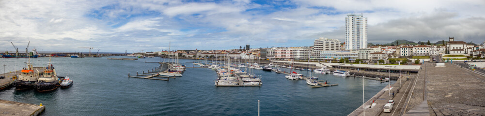 Fototapeta premium Panoramic view over Ponta Delgada city, Azores travel destination.