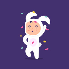 illustration of a happy child's expression, wearing a bunny costume. celebrating an easter day party or event. illustrations of cute and adorable people. flat style. vector design
