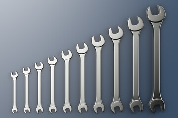 A set of open-end wrenches of different sizes. Mechanics topics.