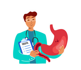 Doctor Professional Gastroenterologist Researching.Surgeon Curing Stomach Ache.Guts Pain Symptom Diagnostics Consultation. Medical Hospital.Medical Insurance Treatment, Aid Curing. Vector Illustration