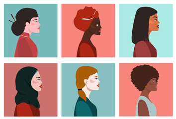 A set of portraits of young women of different races, nationalities, skin color and hair. The concept of female friendship, tolerance. Vector graphics.