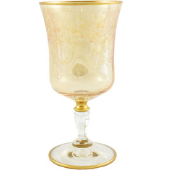 Colored wine glass with square edge. Bohemian art glassware vintage luxury stemware decorated with gold ornaments. Retro crystal goblet isolated on white background with clipping path. 
