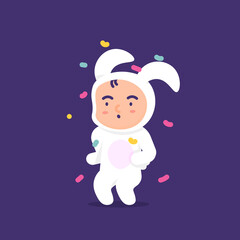 illustration of a happy child's expression, wearing a bunny costume. celebrating an easter day party or event. illustrations of cute and adorable people. flat style. vector design