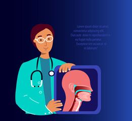 ENT-Doctors Scientists Examine Inflamed Nose,Throat.Tonsilis,Sore Throat,Larynx,Sinusitis Digital Treatment. Research Trial.Clinical Investigation. ORL Clinic. Medical Council Diagnostics Illustration